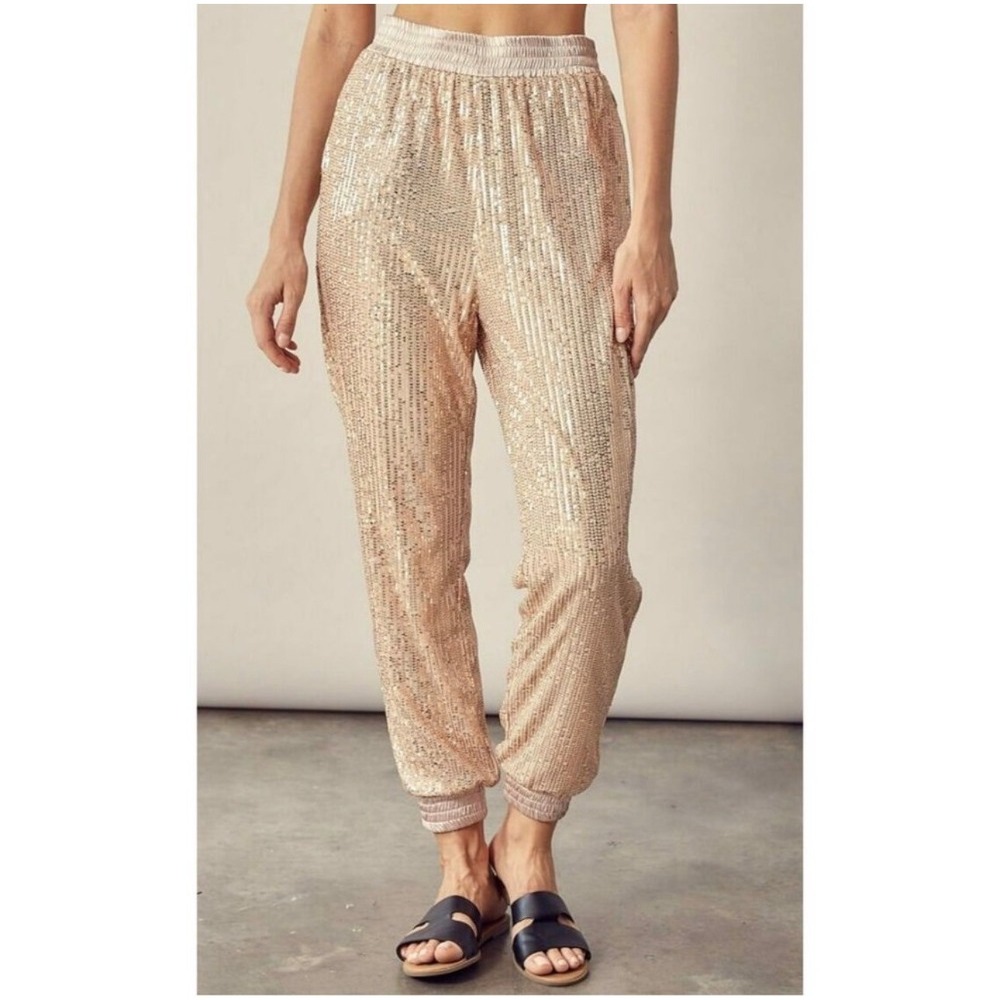 Mustard Seed Champagne Sequin Joggers High Waisted Party Pants Large Lined NWT